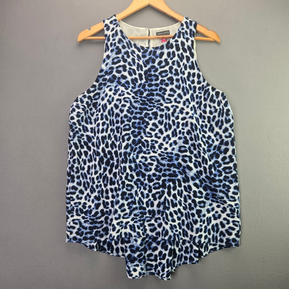 Vince Camuto Blouse Sleeveless Leopard Print M Blue Pleated Back Keyhole Top